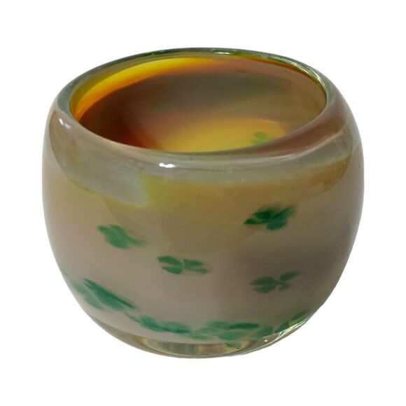 Art Glass Opalescent Candle Holder Votive Tealight Shamrock Signed Lucinda Silva - Picture 5 of 16